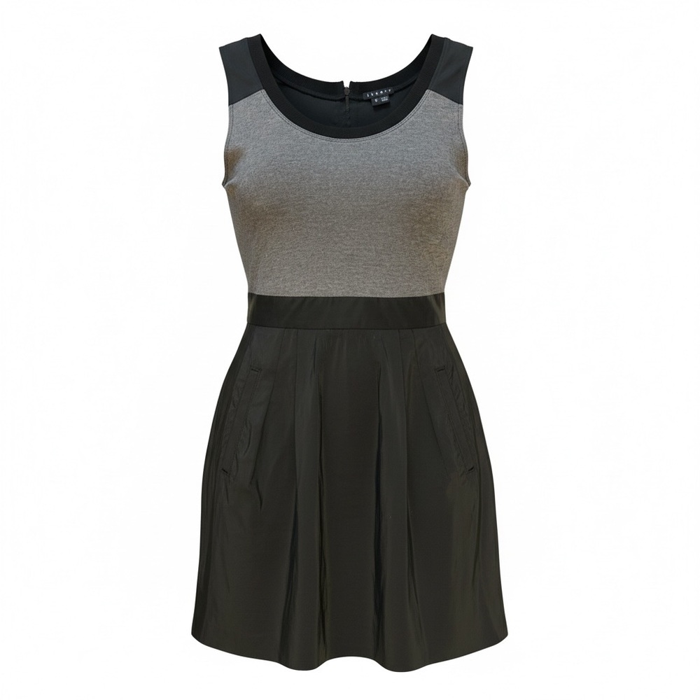 Theory Gray Knit and Black Satin Sleeveless Fit-and-Flare Mini Dress w Pockets